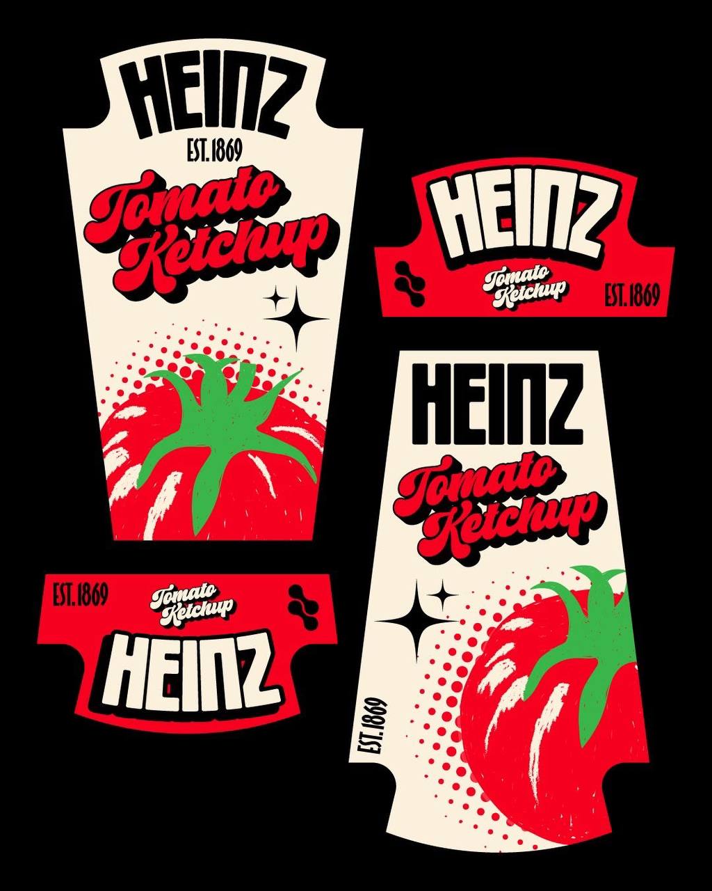 Четыре этикетки кетчупа Heinz с изображением томата