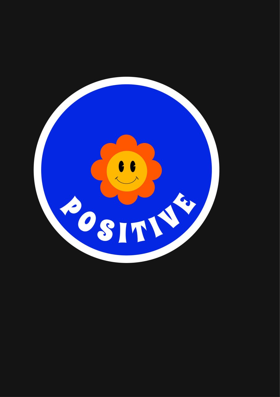 Круглый значок с оранжевым цветком и надписью POSITIVE