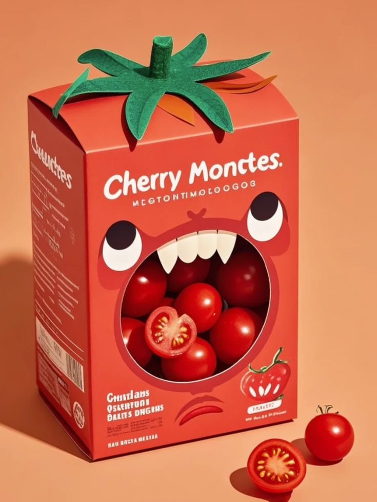 Красная коробка в виде помидора с вырезом-ртом и настоящими помидорами