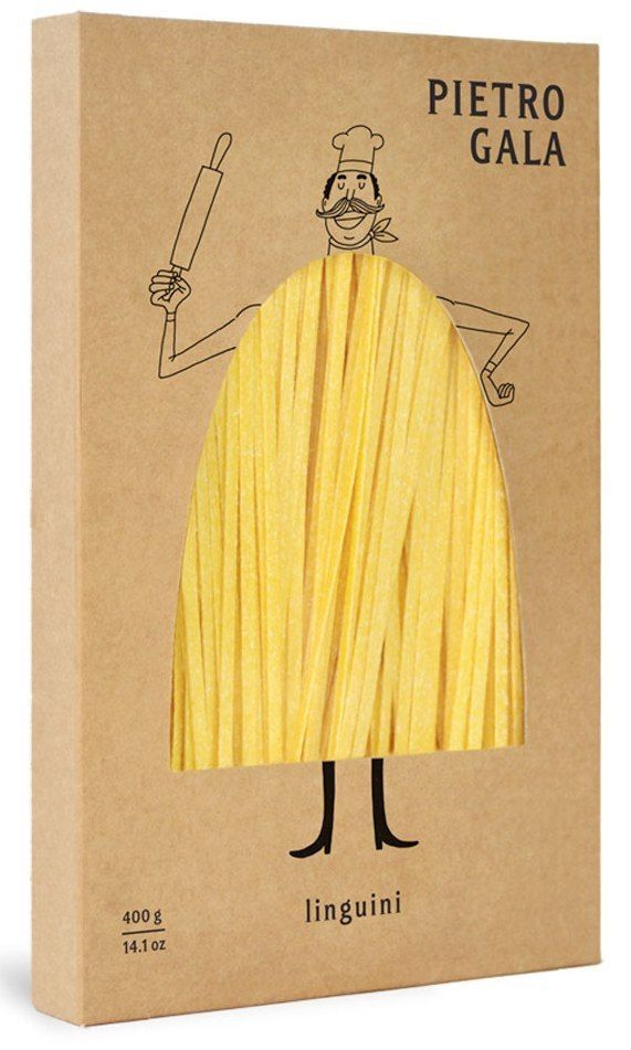 Коробка пасты лингвини с вырезом и изображением повара